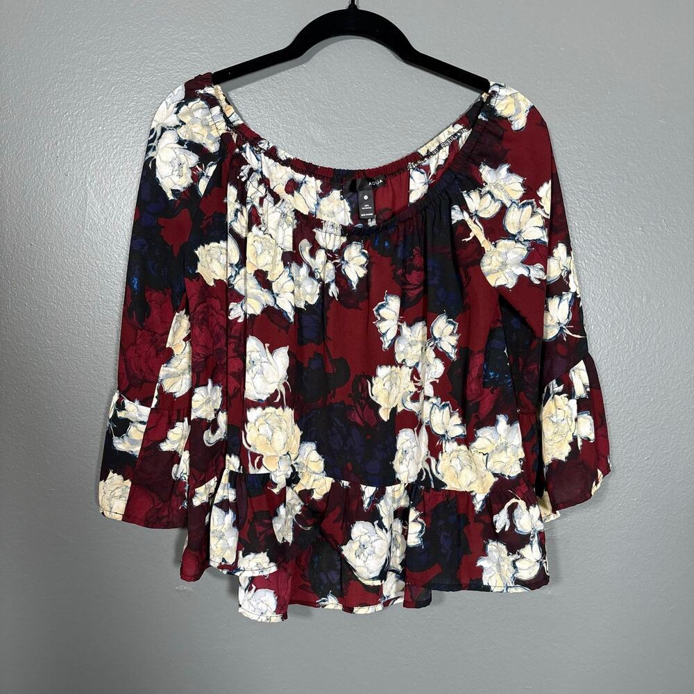Aqua Wine Red Floral Peasant Top Cottage - Small - Women's Burgundy Boho Blouse